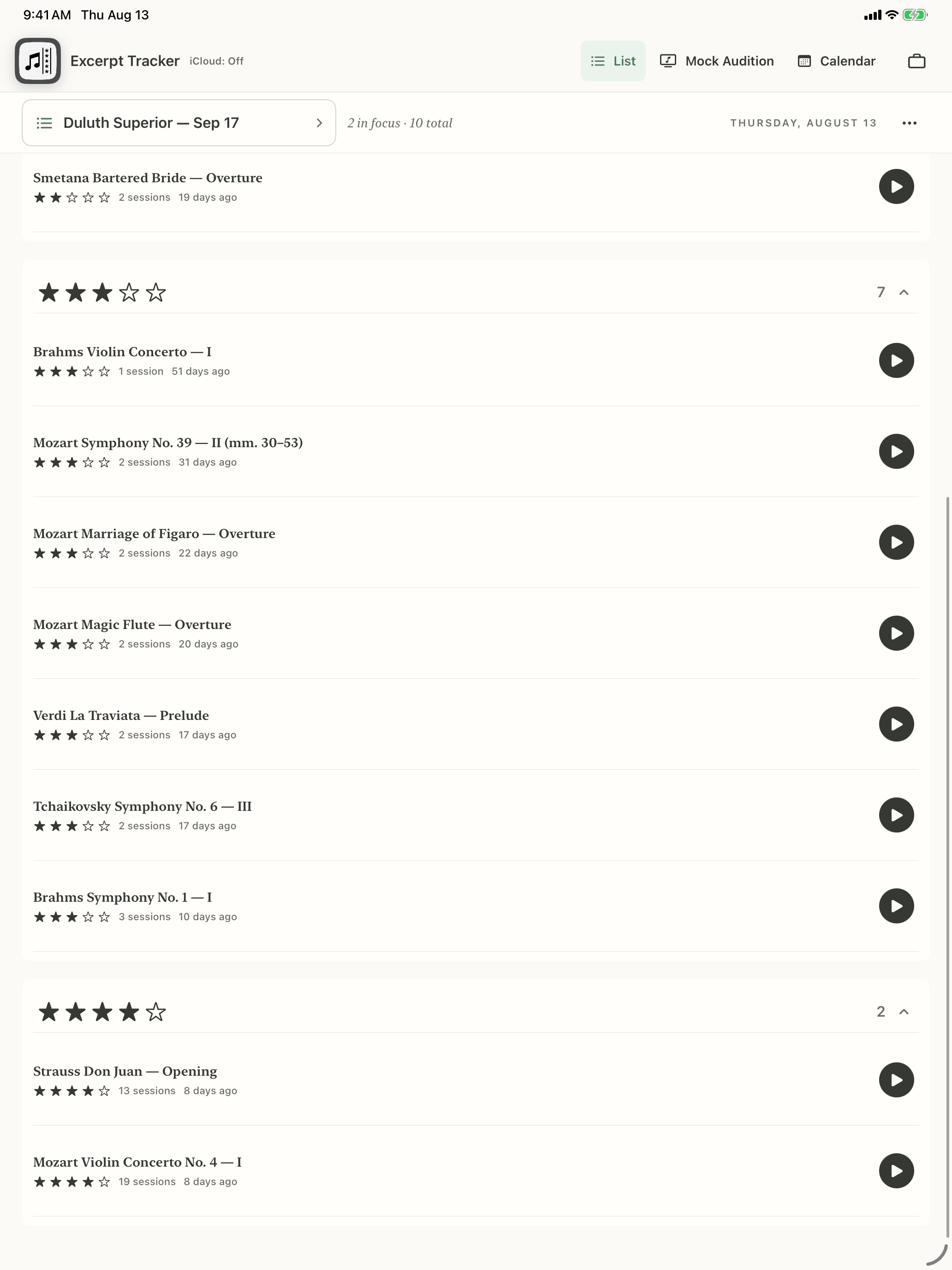 A violin audition list on iPad showing believable progress through varied confidence ratings, session counts, and recent practice dates