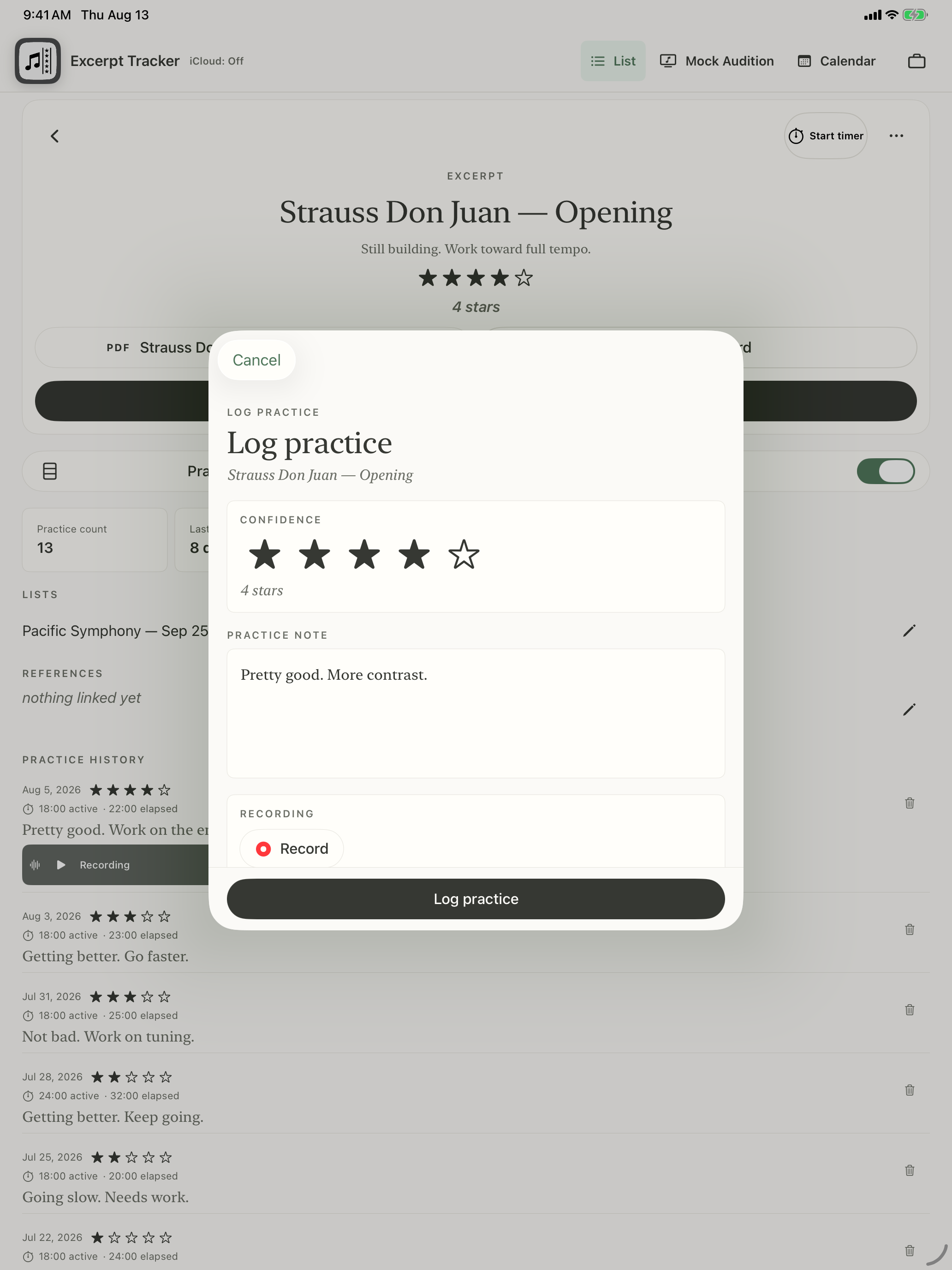 Log Practice sheet on iPad over Strauss Don Juan described as “Still building. Work toward full tempo.”, with a four-star confidence rating, practice note, and recording controls