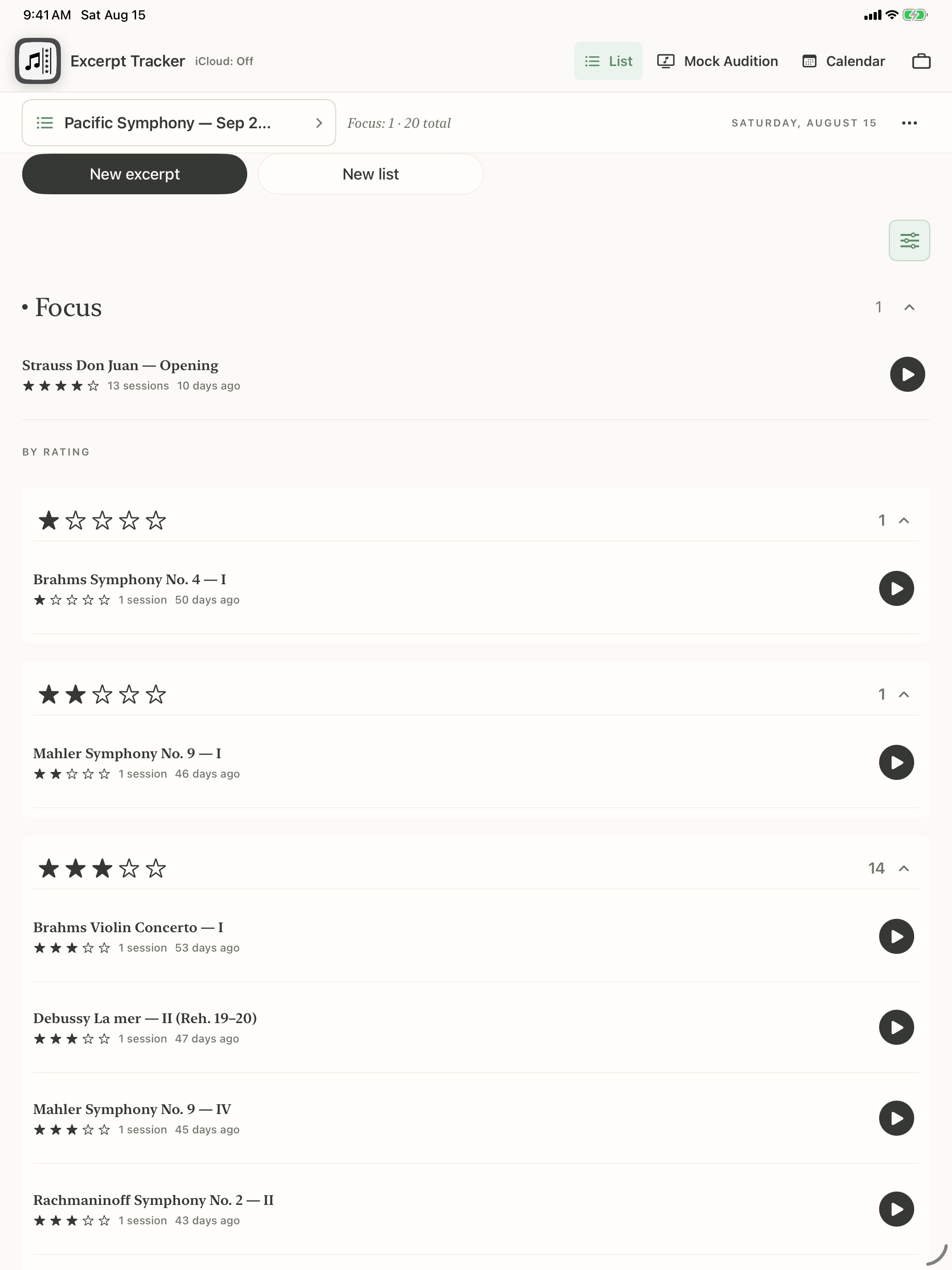 A violin audition list on iPad with Strauss Don Juan as the sole Focus item, followed by one-, two-, and three-star groups sorted by time since played