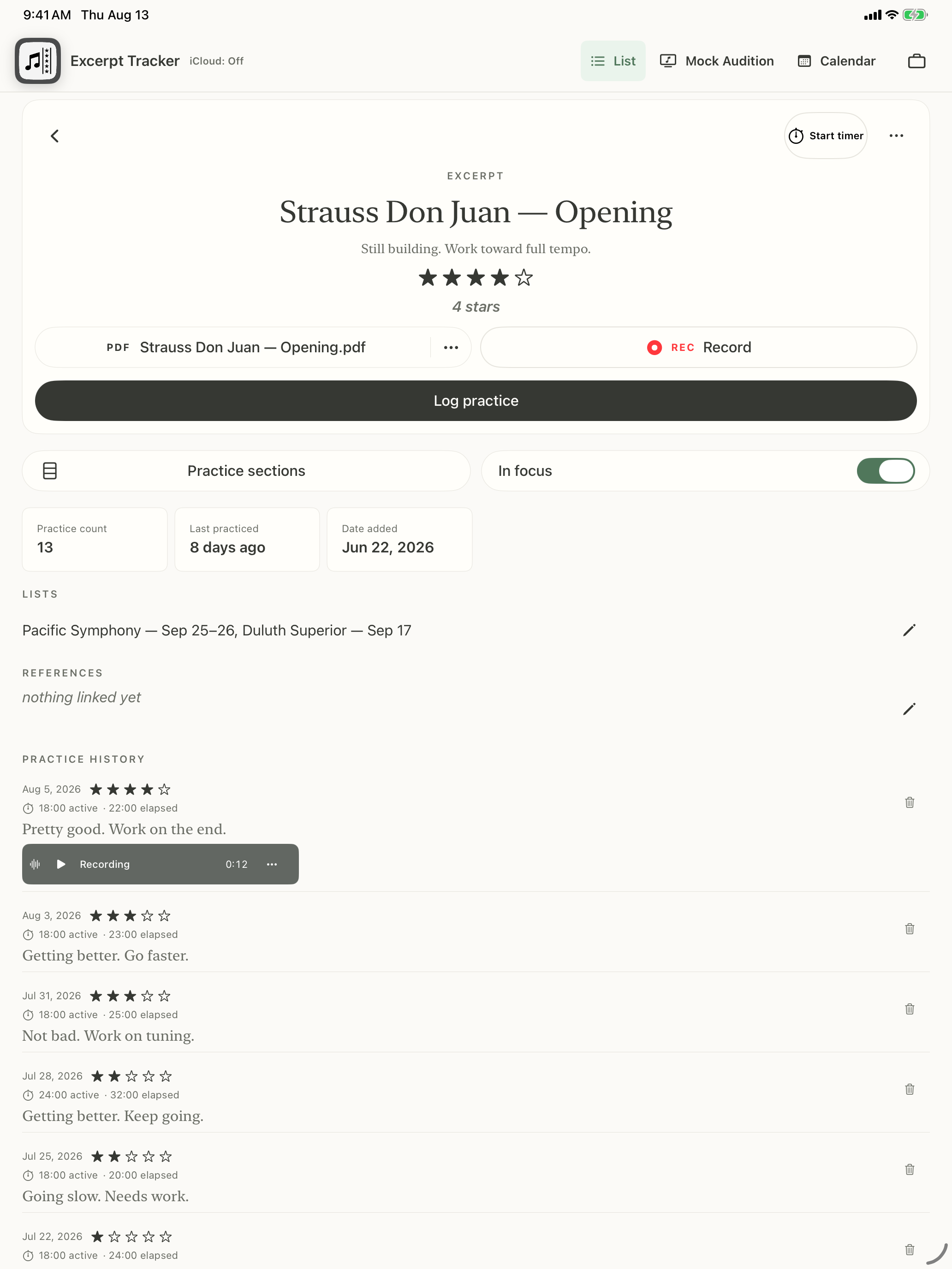 Strauss Don Juan excerpt details on iPad at four stars with the description “Still building. Work toward full tempo.”, an idle Record control, and an August 5 practice note containing a saved 12-second recording