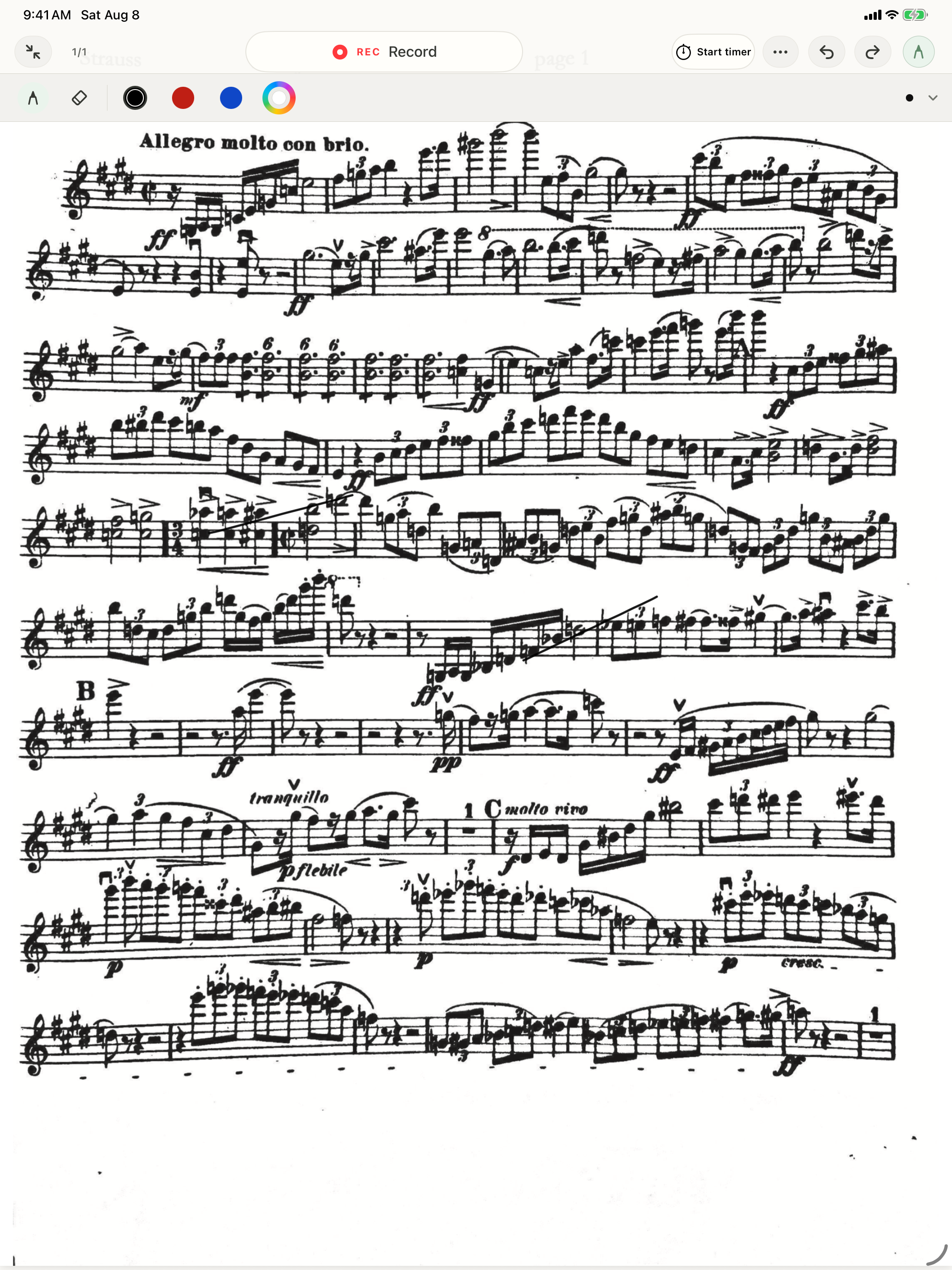 Strauss Don Juan — Opening in the iPad PDF reader with the annotation toolbar visible, no drawn annotations, and the complete first staff unobscured beneath the controls