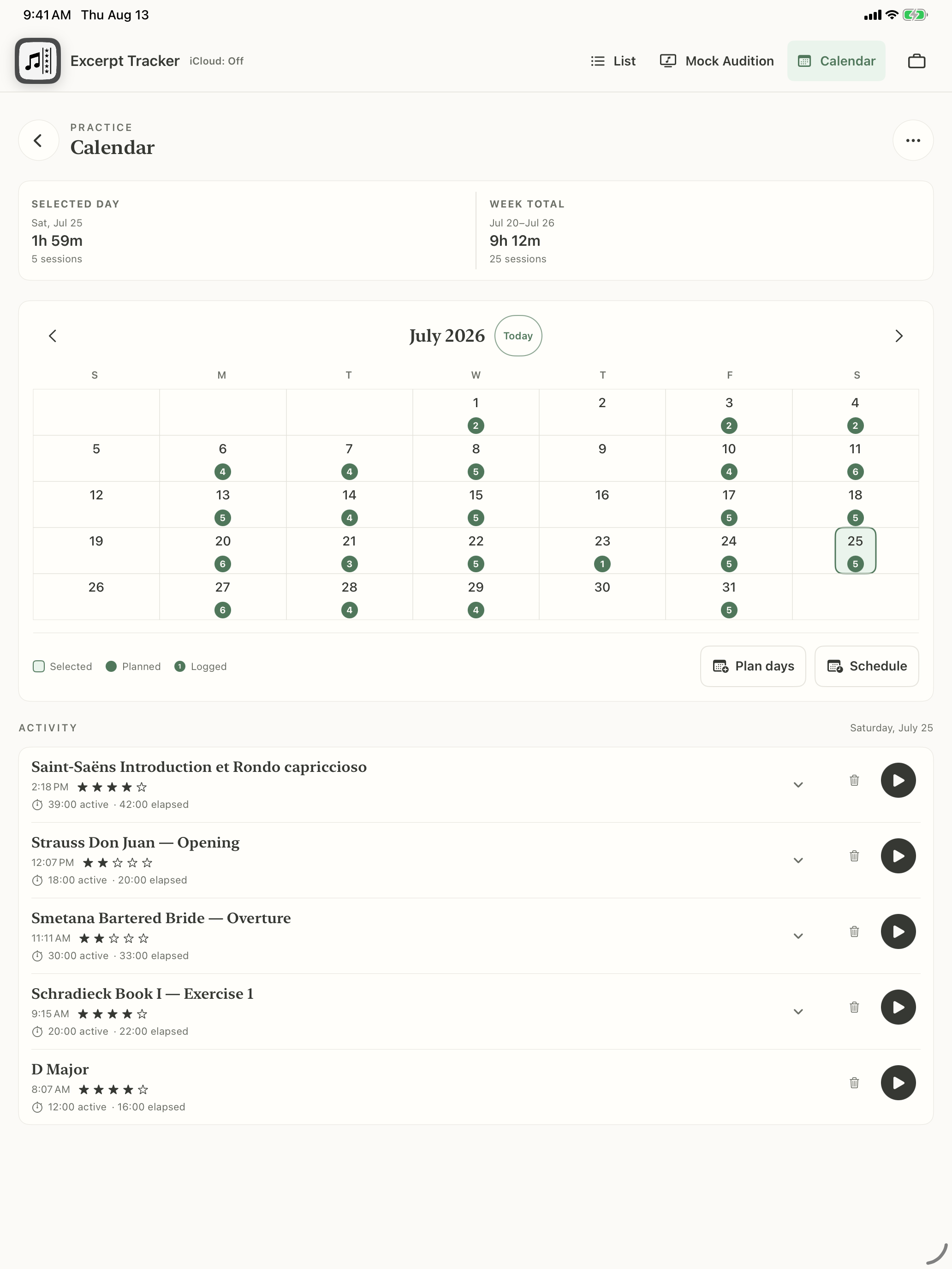 Practice calendar on iPad showing roughly five practice days per week and a selected day's completed activity