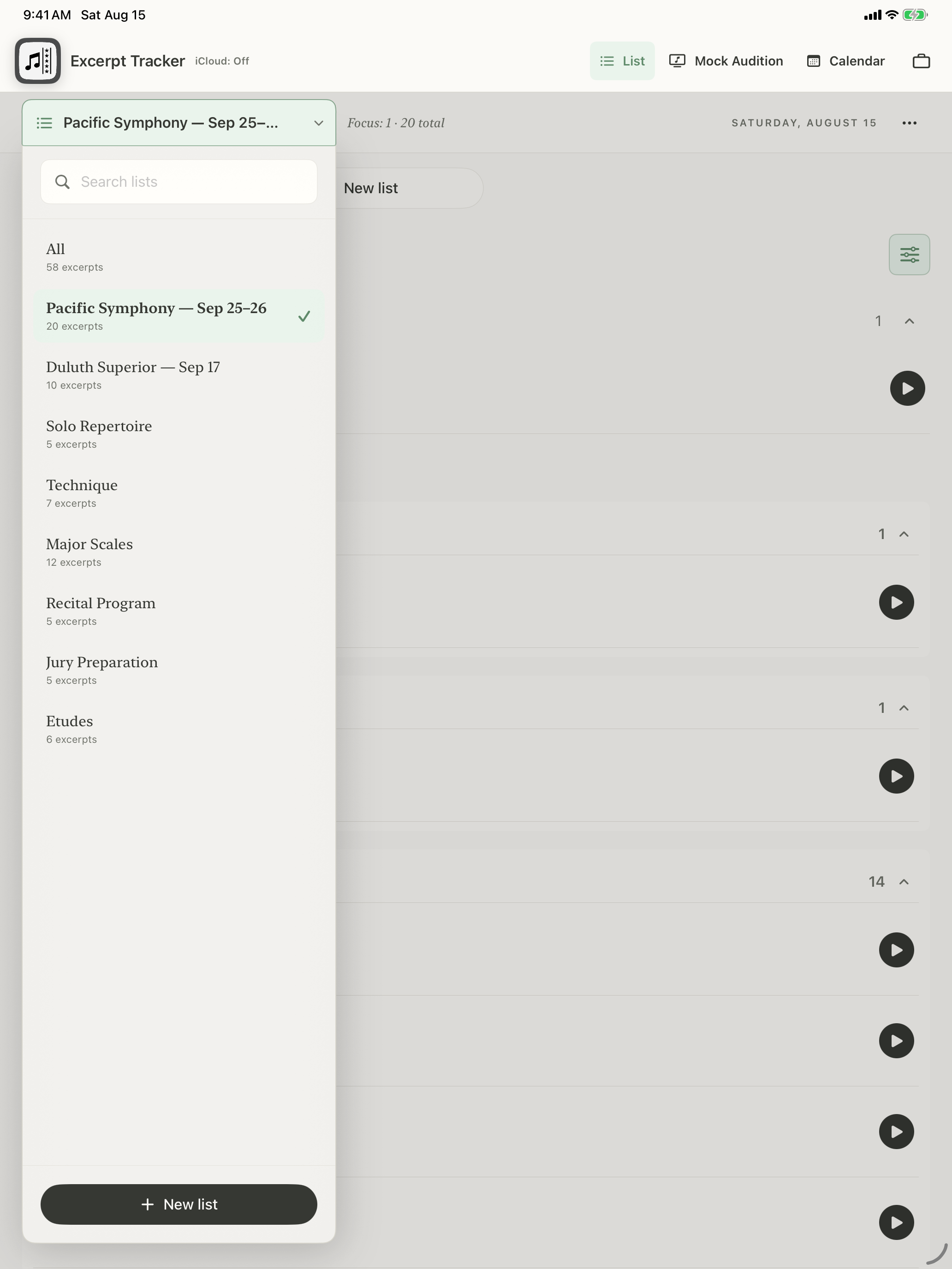 List picker on iPad with Pacific Symphony selected and two orchestra auditions, Solo Repertoire, Technique, Major Scales, Recital Program, Jury Preparation, and Etudes visible