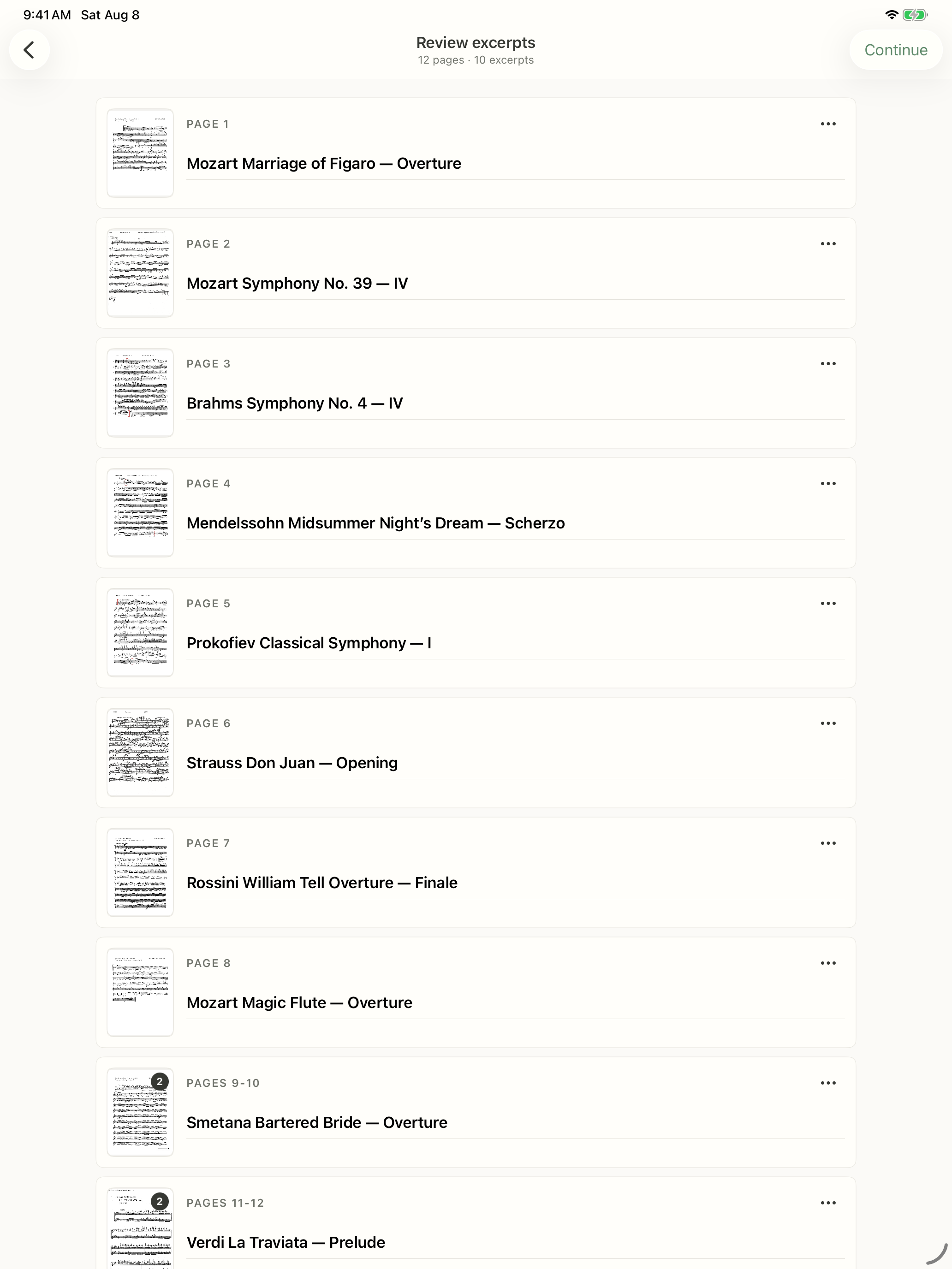 A violin audition packet divided into ten named excerpts on iPad