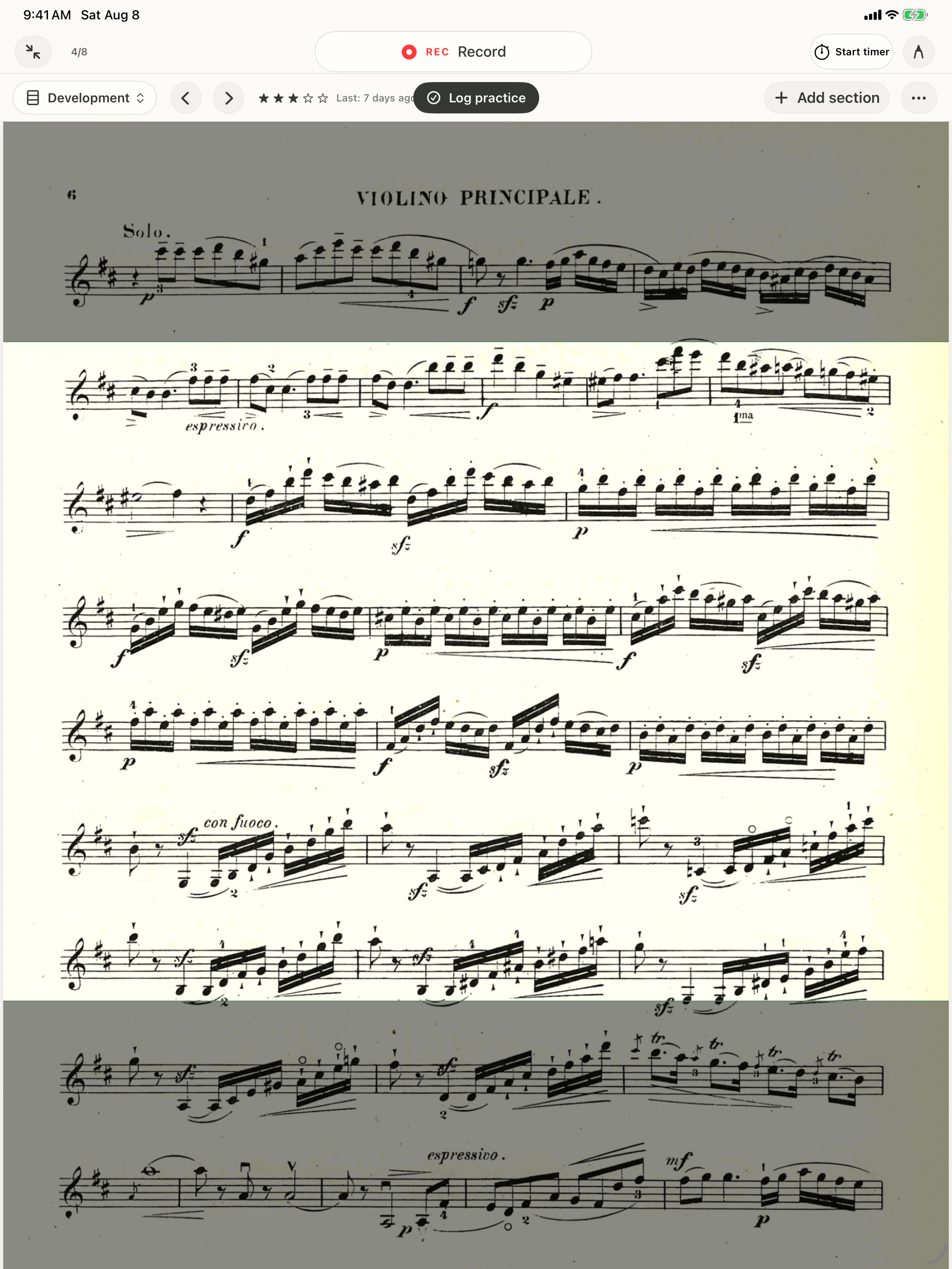Mozart violin concerto section view on iPad with Development selected, keeping the active passage clear while music before and after it is dimmed