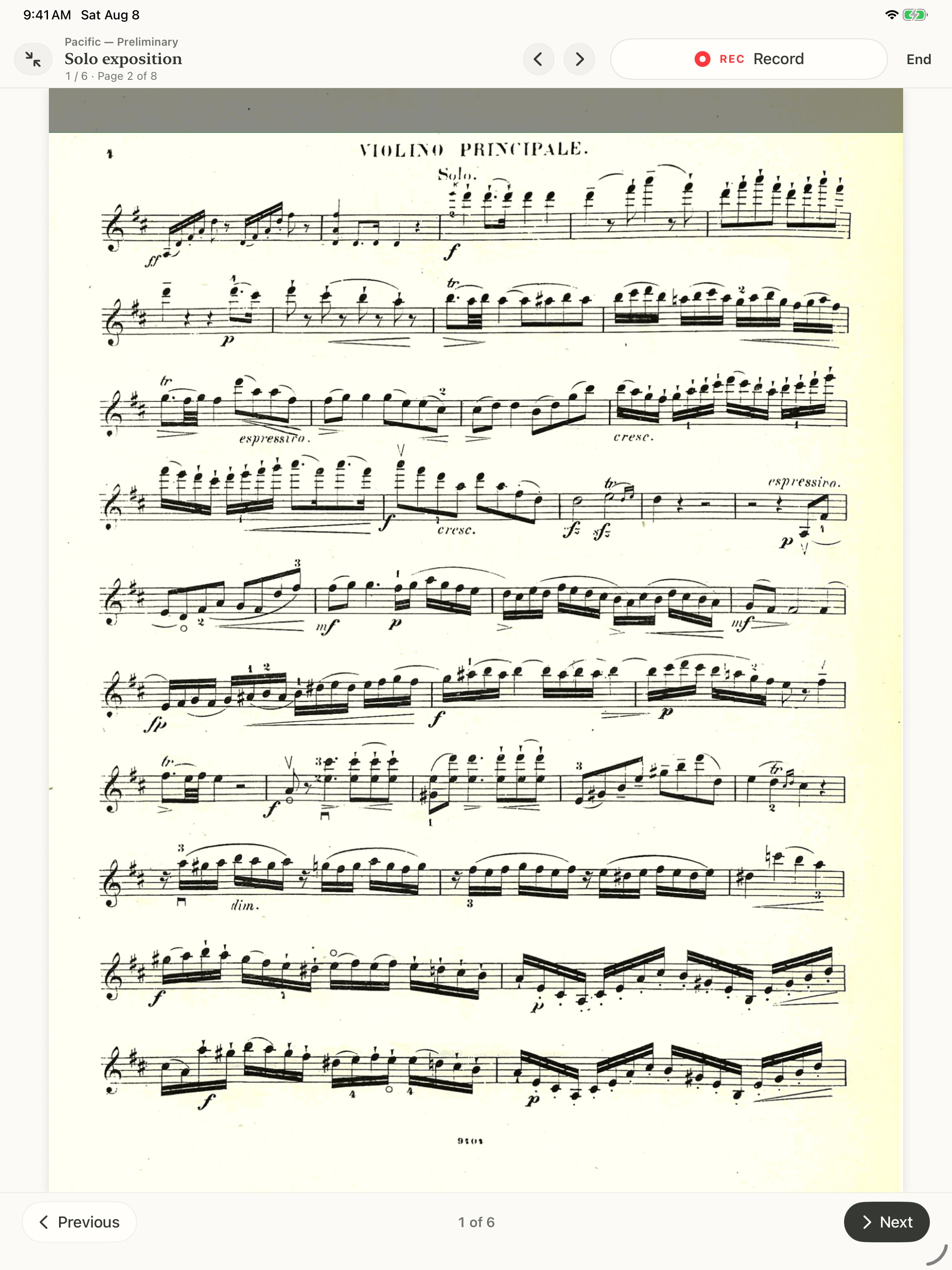 A live six-item Mock Audition on iPad showing one of the imported violin excerpts, its score, recording controls, and the next button