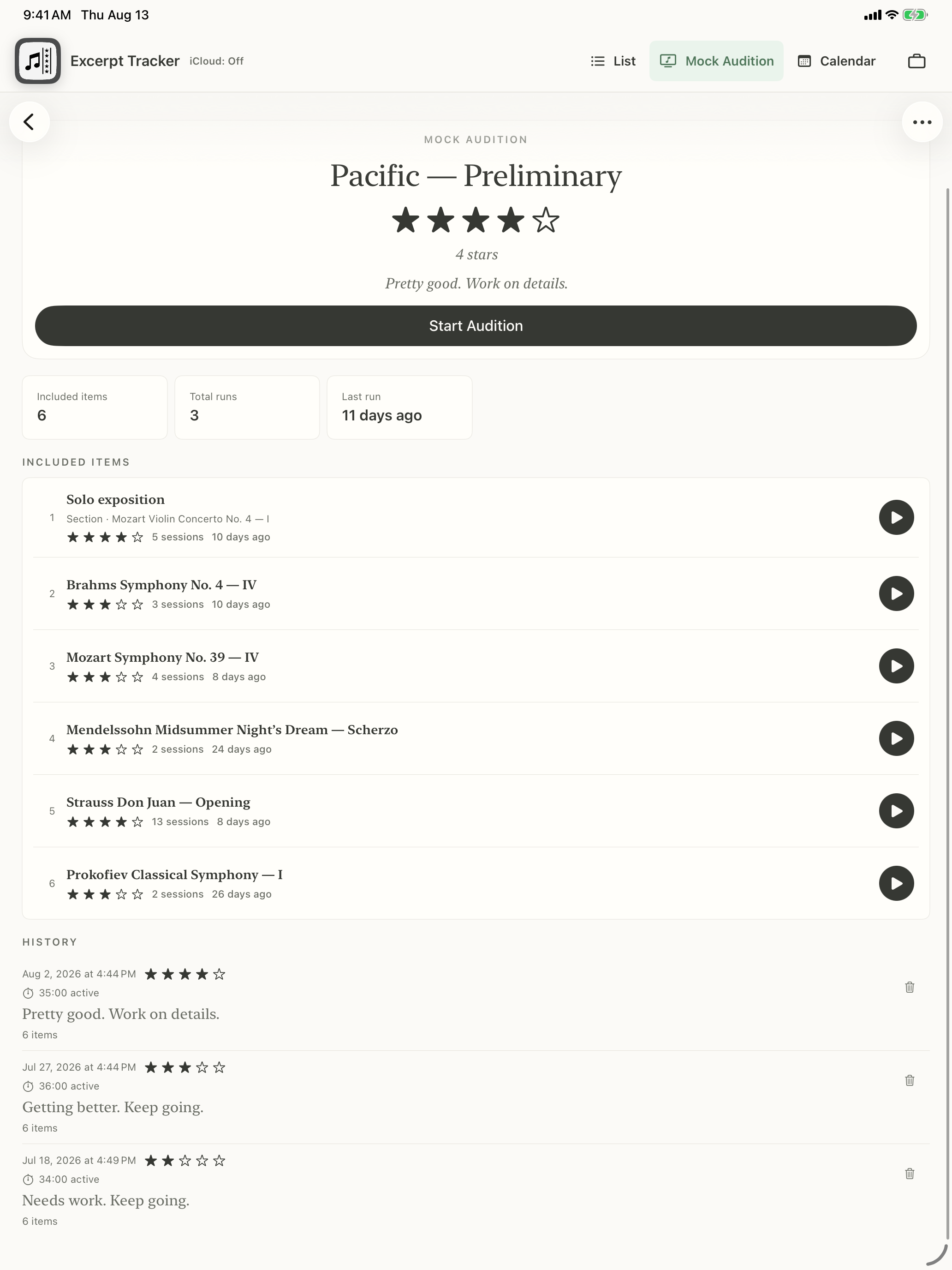 Pacific Preliminary Mock Audition history on iPad showing three completed six-item runs improving from two to four stars, with dated notes and durations