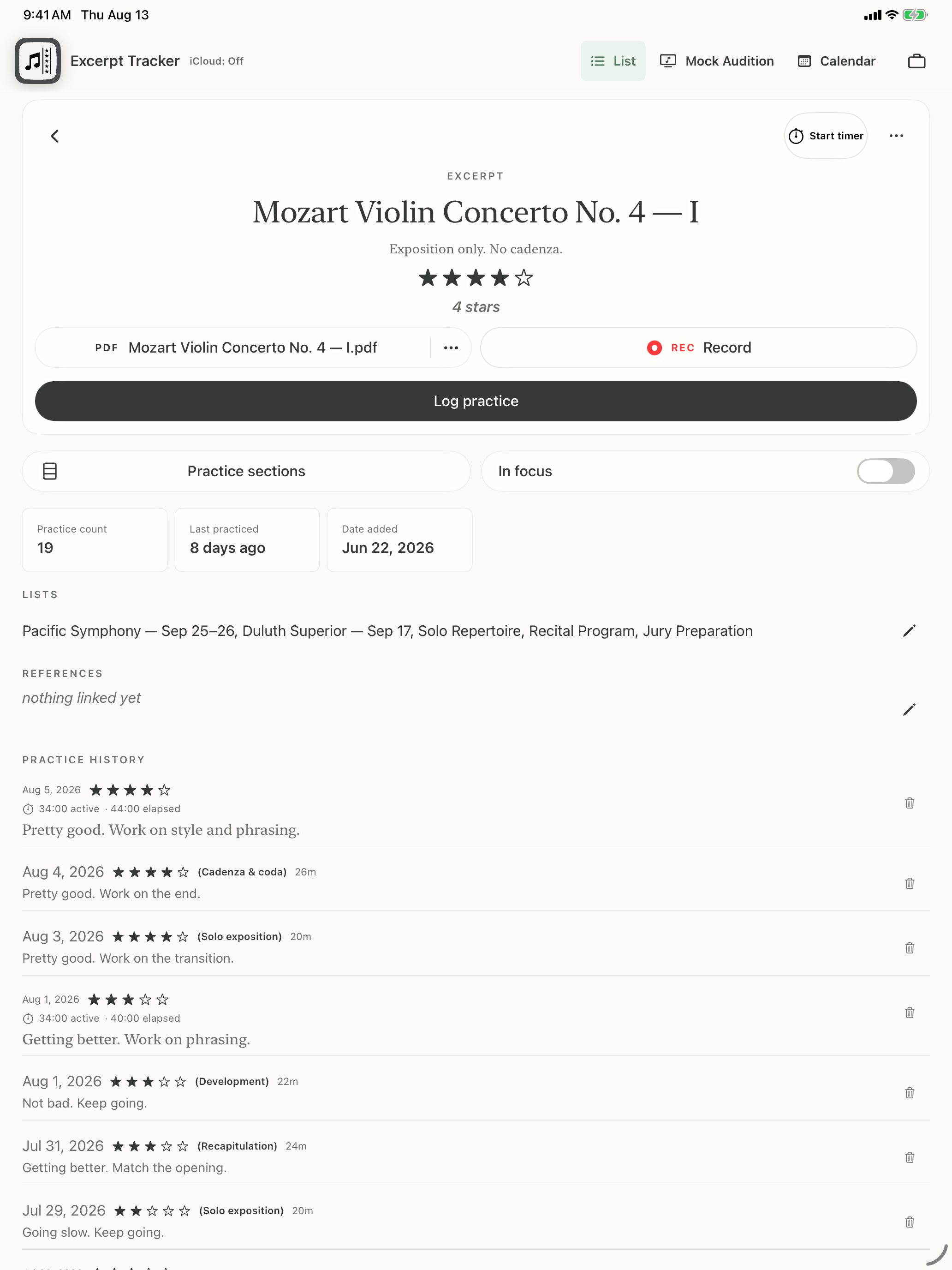 Mozart Violin Concerto No. 4 on iPad at four stars with the description “Exposition only. No cadenza.” and dated practice notes from July 29 through August 5