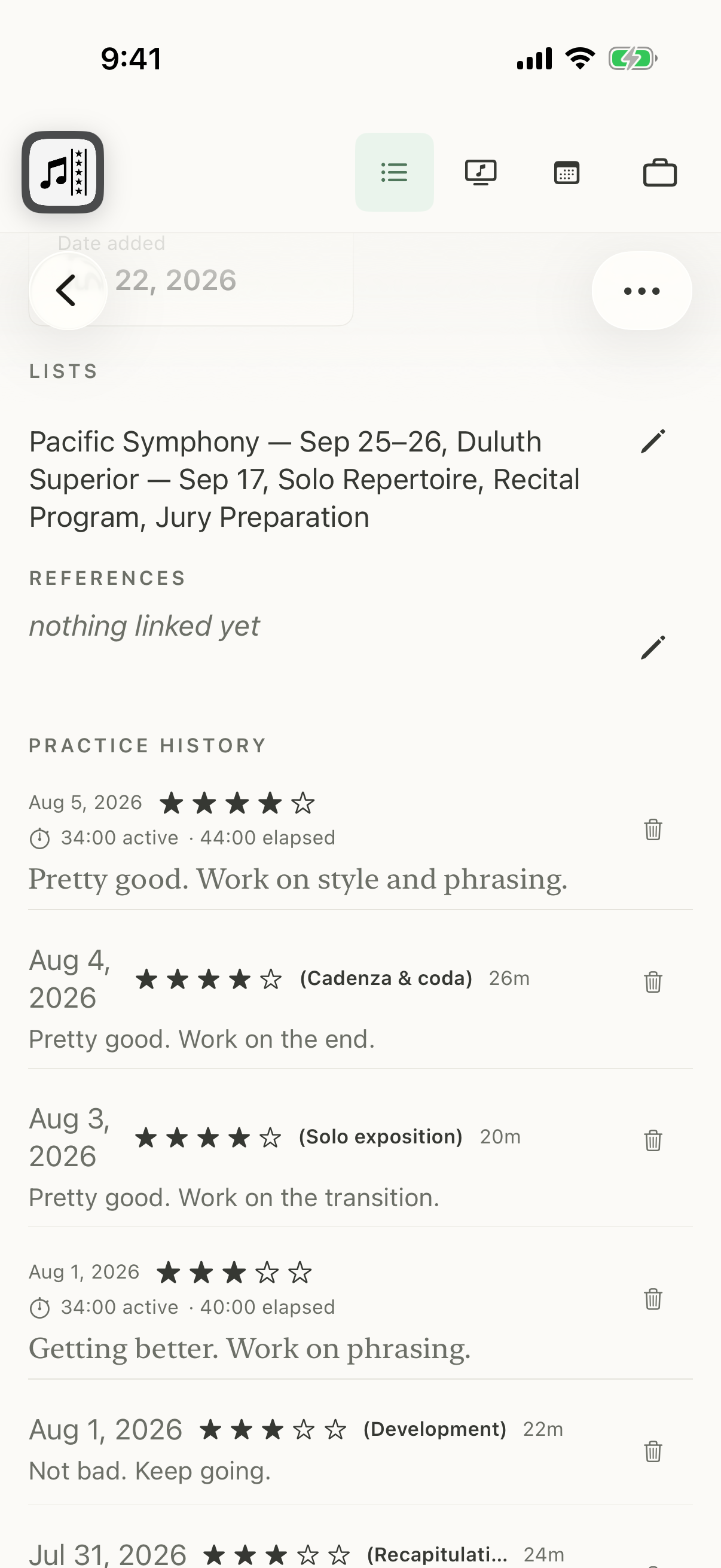 The same August 5 Mozart violin concerto practice entry shown on iPhone