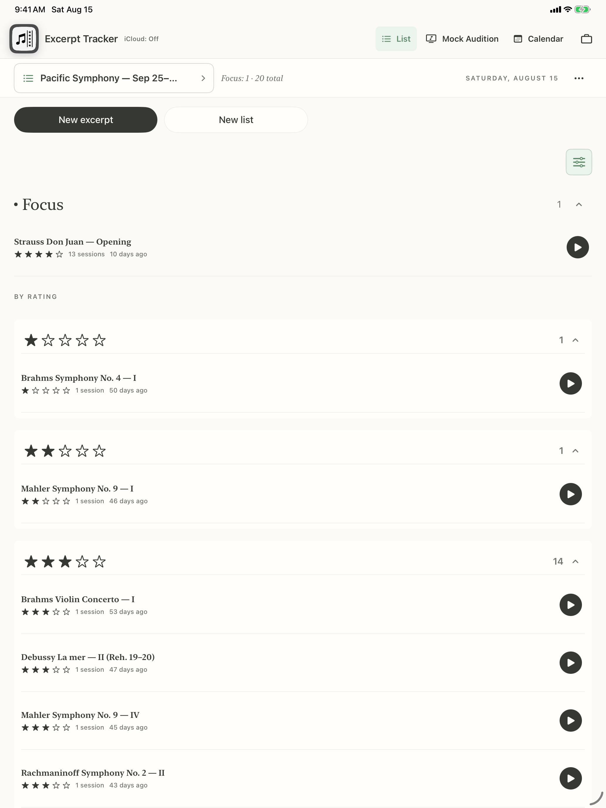 Excerpt Tracker on iPad showing Strauss Don Juan as the sole Focus excerpt, followed by one-, two-, and three-star groups in a violin audition list