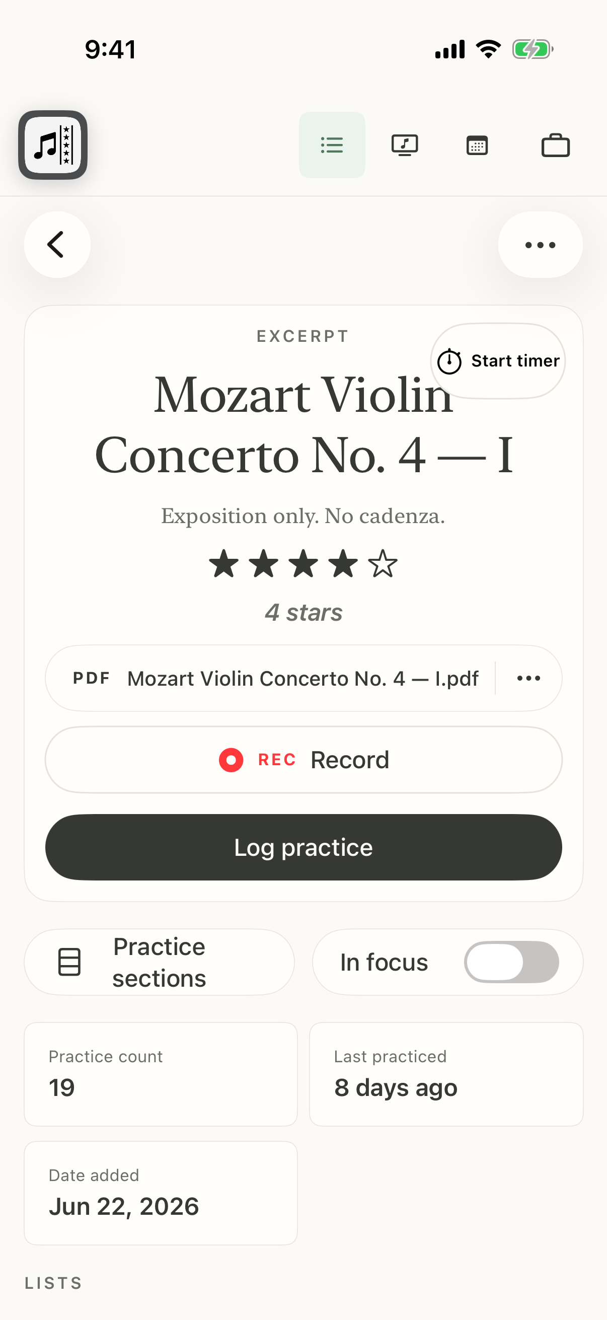 Excerpt Tracker on iPhone showing Mozart Violin Concerto No. 4 at four stars with its score attachment, the description “Exposition only. No cadenza.”, and practice controls